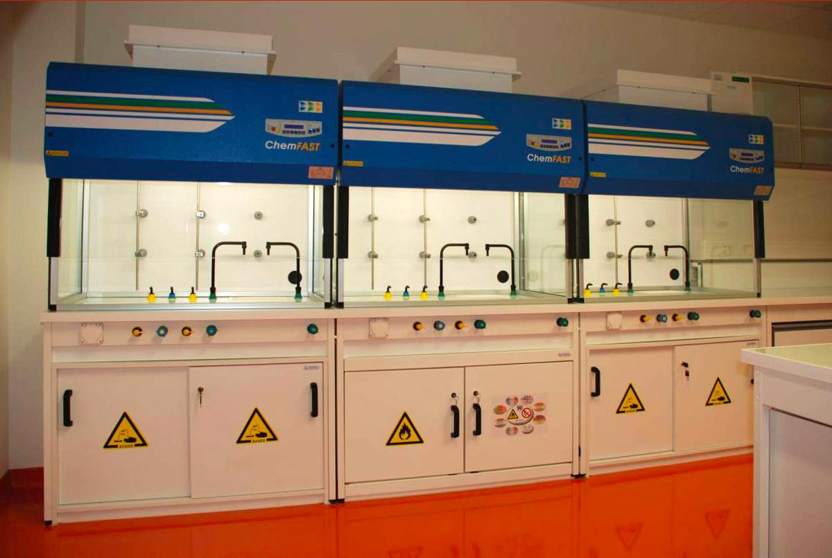 Fume cupboards with electrical sash and safety cabinets